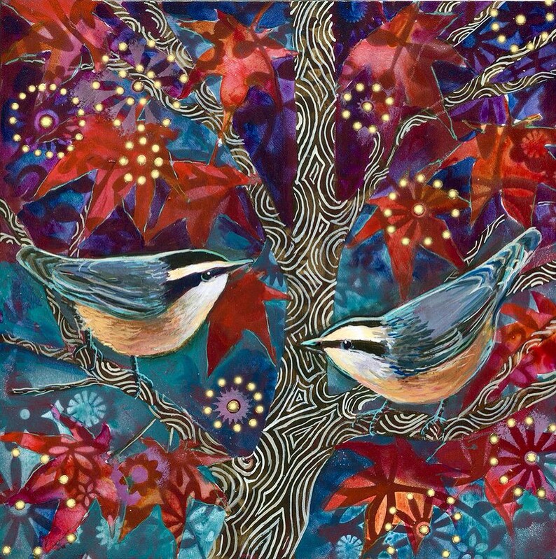 May include: An artistic painting of two small birds perched on a tree branch, surrounded by red leaves and a vibrant, colorful background. The birds have white, black, and tan markings. The artwork has a whimsical, nature-inspired theme.