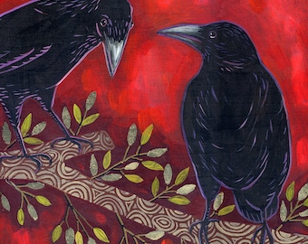 Two Ravens Meet Archival Print on Wood