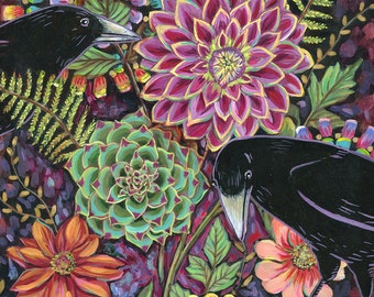 Ravens in The Garden Archival Print on Wood