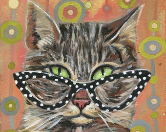 Archival Print on Wood  "Cat Eye Cat #1"