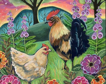 Archival Print on Wood "New Morning” chickens in the garden