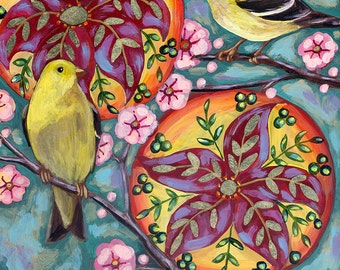 Two Goldfinches on Blue #1- Archival Print on Wood