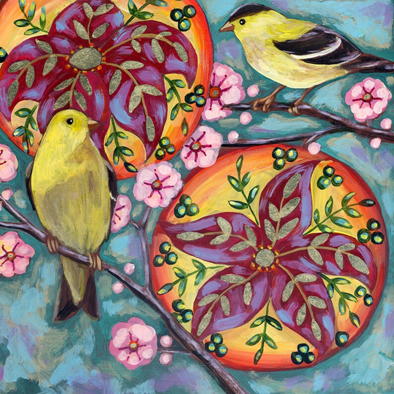 Two Goldfinches on Blue 1 Archival Print on Wood Etsy