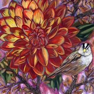 Bruant couronné blanc avec dahlia, impression d&#39;archives 20 x 20 cm