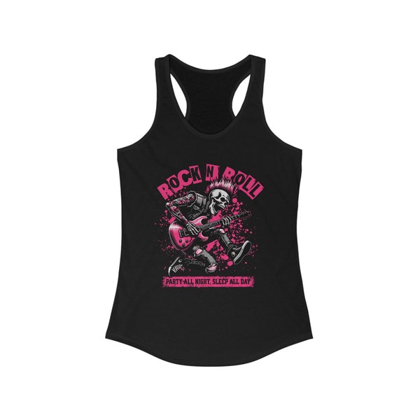 Rock N Roll Party All Night Sleep All Day Skeleton Guitar Punk Rock Women's Racerback Tank