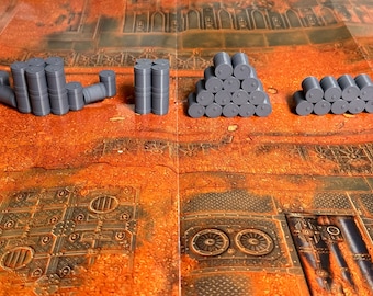 May include: A collection of gray plastic barrels arranged in different formations. The barrels are stacked in a pyramid, a line, and a staggered pattern. The barrels are on a rusty orange surface.