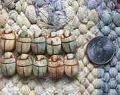 10 Egyptian Faience Scarab Beads Matte Blue Green and Brown
