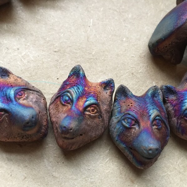 IRIDESCENT Clay Ceramic Matte Raku Wolf Bead