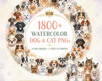 Watercolor Dog Clipart Bundle, 1800+ PNGs, 35 Dog Breeds, Bonus 10 Cat Breeds (Commercial Use)