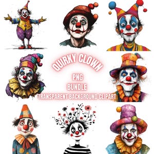 44 Quirky Clown PNG Clipart Bundle, Ilustração de palhaço assustador caprichoso em aquarela, Criação de cartões, Artesanato em papel, Álbum de recortes, Uso comercial