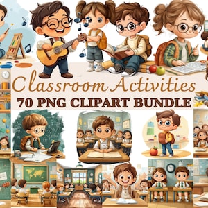 Könnte beinhalten: Eine Sammlung farbenfroher Cartoon-Illustrationen, die Aktivitäten im Klassenzimmer darstellen. Die Bilder zeigen Kinder, die Musikinstrumente spielen, Bücher lesen und sich an anderen Bildungsaktivitäten beteiligen. Der Text lautet "Classroom Activities 70 PNG Clipart Bundle."