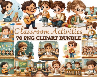 70 Classroom Activities PNG Clipart Bundle, Back to School Illustration, Adorable Classroom Kid Image, Sweet Student Picture, Commercial Use