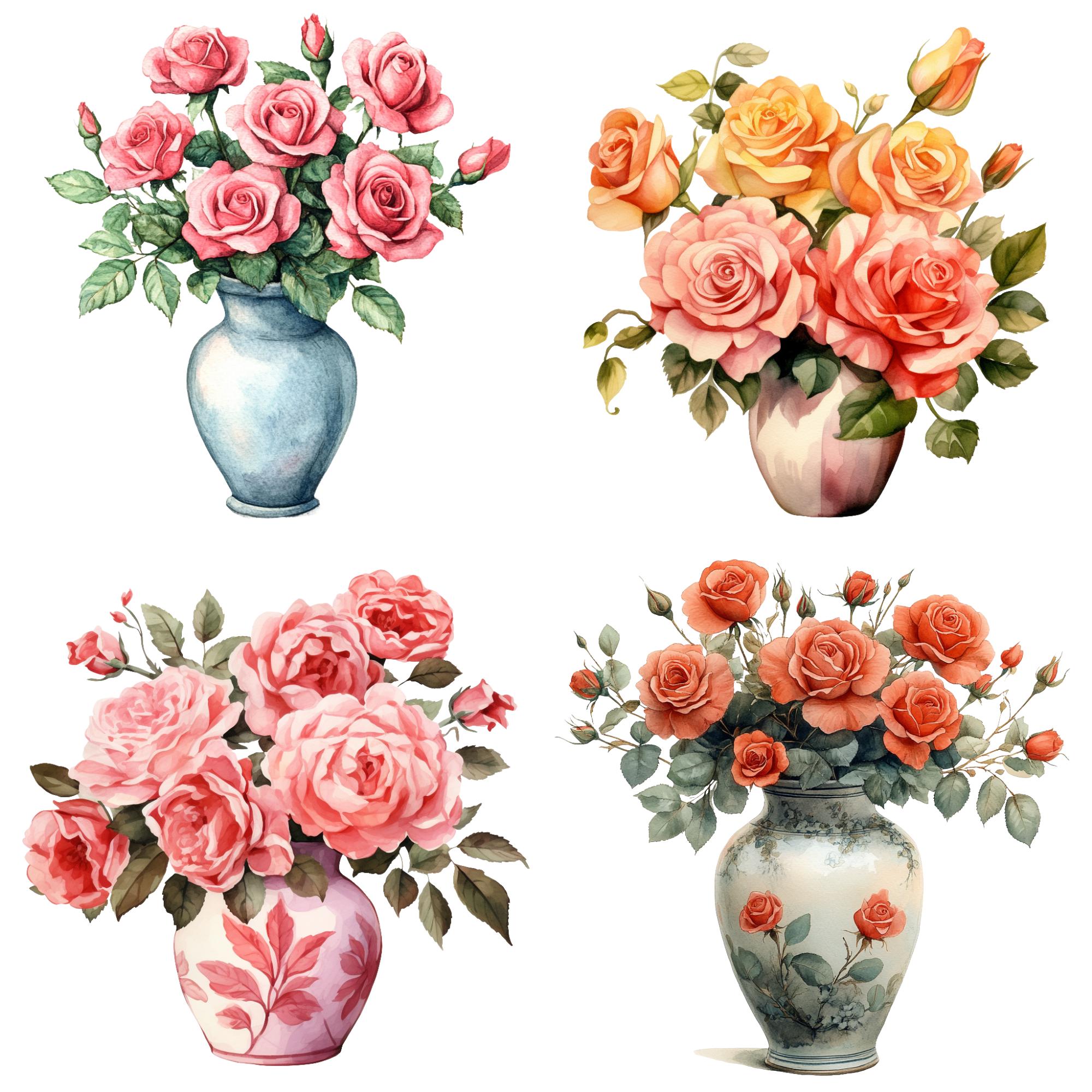 Watercolor Roses in Vase PNG Clipart Bundle (commercial Use) - Etsy