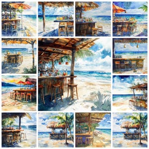 ビーチの水彩画バー風景 PNG クリップアート バンドル、35 種類のトロピカル ビーチ バー風景イラスト、カード作成ペーパー クラフト、商用利用