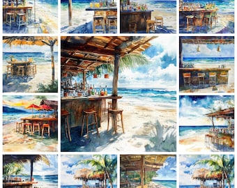 Watercolor Beach Bar Clipart Bundle, Tropical Scenery PNG (Commercial Use)