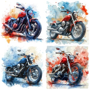 May include: Four watercolor paintings of motorcycles. Each motorcycle is a different color: red, blue, black, and red. The motorcycles are painted on a white background with watercolor splatters.
