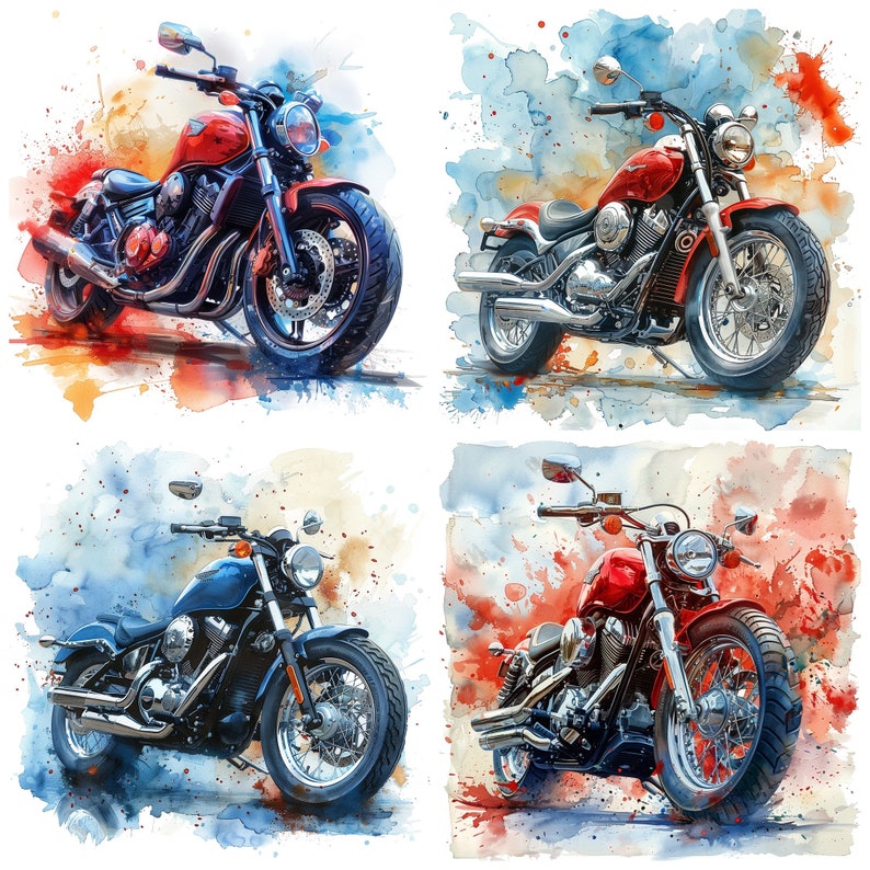 May include: Four watercolor paintings of motorcycles. Each motorcycle is a different color: red, blue, black, and red. The motorcycles are painted on a white background with watercolor splatters.