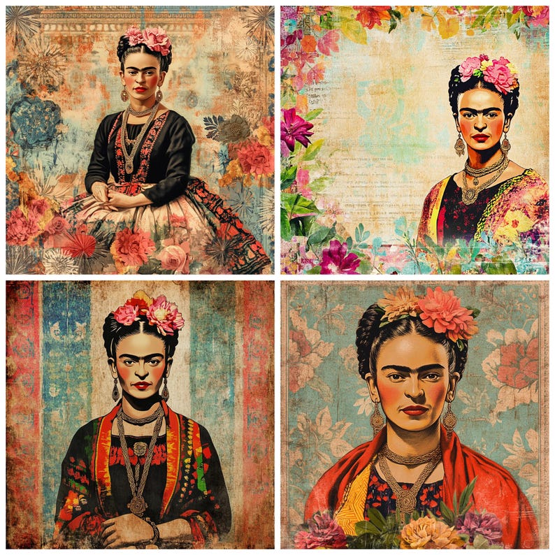 May include: A collage of four images featuring a woman with dark hair and a flower crown. Each image has a different background, including a floral pattern, a striped pattern, and a blue and white pattern. The woman is wearing different outfits in each image, including a red dress, a black dress, and a colorful patterned dress.