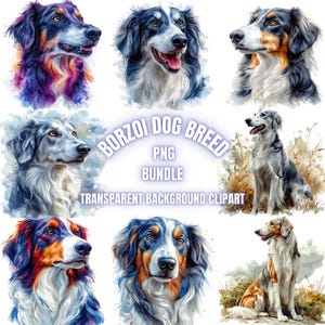 Borzoi Dog Breed PNG Clipart Bundle | Watercolor Hunting Sighthound Dog Portrait Illustration, Pet Lover Printable Art, Commercial Use