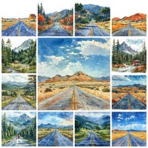 Road Trip landschap PNG-clipart, aquarel open snelweg uitzicht landschap, serene landweg illustratie, avonturenweg, commercieel gebruik