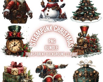 May include: A set of 8 steampunk Christmas clip art images with transparent backgrounds. The images include a Santa Claus, a snowman, a Christmas tree, a clock, a train, a Santa Claus flying, a Christmas ornament, and a gift box.