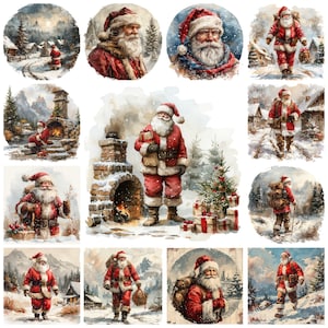Collection de cliparts PNG père Noël vintage, illustration de paysage rétro père Noël aquarelle, cadeau numérique de Noël vintage à usage Commercial