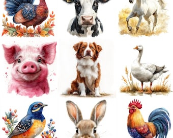 Watercolor Rustic Farm Animals  Mega PNG Clipart Bundle, 60 PNG Images, Cow, Horse, Chicken, Pig, Sheep, Goat, Duck and More, Commercial Use