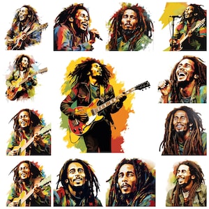 Bundle de cliparts PNG Bob Marley, illustration live de Bob Marley à l'aquarelle, image musicale Bob Marley, fabrication de cartes, créations en papier, usage Commercial