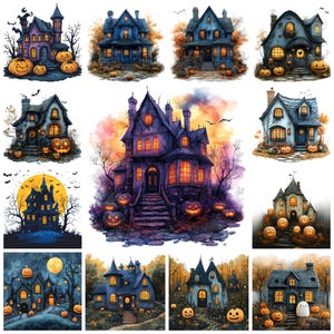 Paquete de 20 imágenes prediseñadas PNG de casas embrujadas de Halloween, ilustración de casa de bruja espeluznante en acuarela, imágenes de casas fantasma, casas espeluznantes, uso comercial
