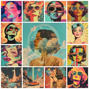 Clipart rétro mode, aquarelle des années 70, 80, art mural vintage, fabrication de cartes glamour rétro, créations en papier, usage commercial gratuit