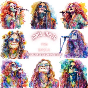 34 Janis Joplin PNG Clipart Bundle, Watercolor Janis Joplin Portrait Illustration Card Making, Vintage Janis Joplin Live Sublimation
