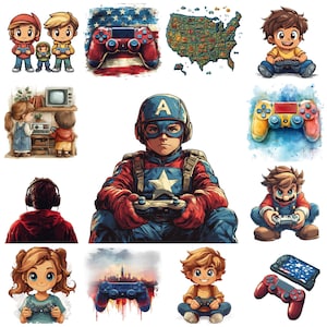 23 bundle di clipart PNG per la giornata nazionale dei videogiochi, illustrazioni a tema giocatore, immagini artistiche di videogiochi, grafica per la giornata dei videogiochi, uso commerciale