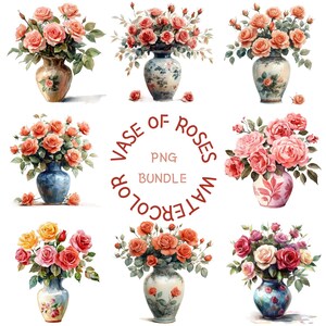 Peut inclure: Un ensemble de dix illustrations à l'aquarelle de roses dans des vases. Les roses sont de différentes nuances de rose, rouge et blanc. Les vases sont de styles et de couleurs variés. Les illustrations sont intitulées "Watercolor Vase of Roses PNG Bundle".