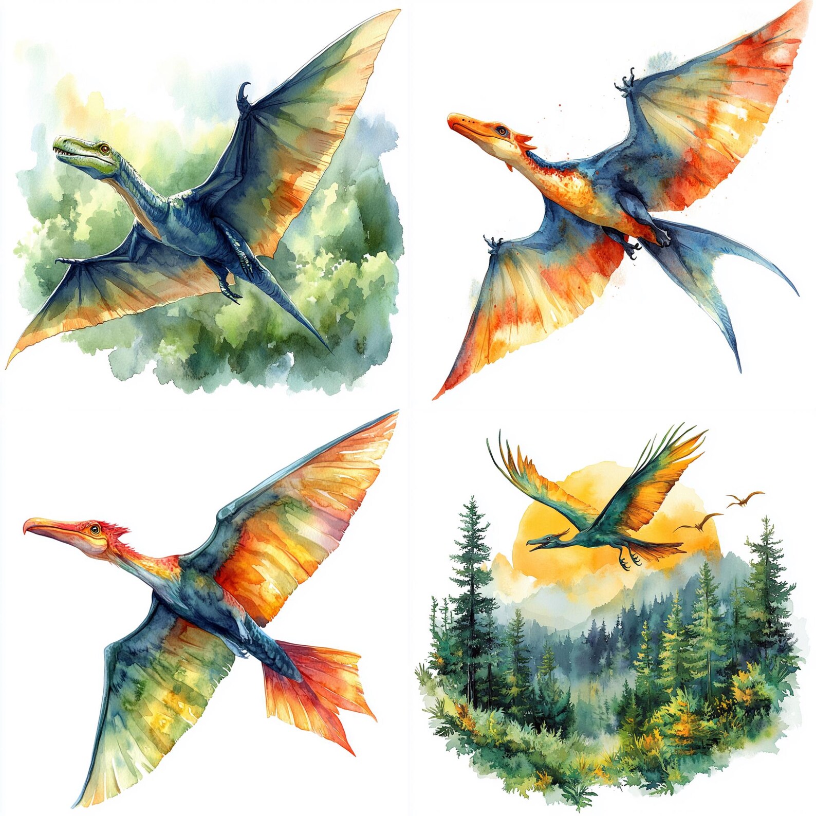50 Pterodactyl Dinosaurs PNG Clipart Bundle, Watercolor Jurassic Park ...