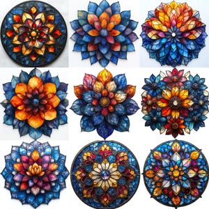 May include: Nine colorful stained glass mandala designs with intricate patterns and geometric shapes. The mandalas feature a variety of colors, including blue, red, yellow, orange, and green.