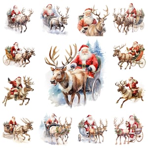 43 Père Noël avec carrosse de renne volante PNG Clipart Bundle, traîneau de rennes du père Noël Noël aquarelle, image de Noël, usage Commercial