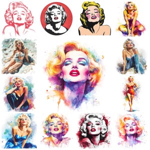 50 Marilyn Monroe Clipart PNG Bundle, Watercolor Monroe Icon Illustration, Vintage Marilyn Monroe Images, Retro Marilyn Pose, Commercial Use