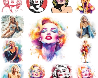 50 Marilyn Monroe Clipart PNG Bundle, Watercolor Monroe Icon Illustration, Vintage Marilyn Monroe Images, Retro Marilyn Pose, Commercial Use