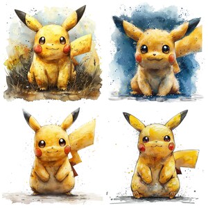 May include: Four watercolor illustrations of Pikachu, a yellow electric-type Pokemon, in different poses. The illustrations are set against a white background with watercolor splatters.