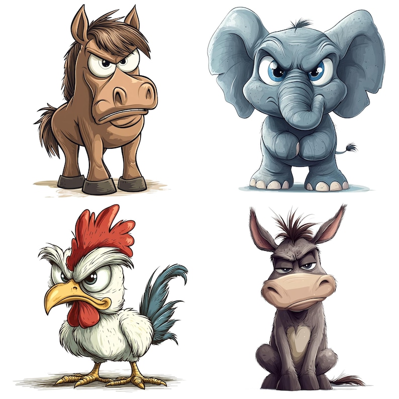 May include: A cartoon illustration of four angry animals: a brown horse, a gray elephant, a white rooster, and a gray donkey. Each animal has a grumpy expression on its face.