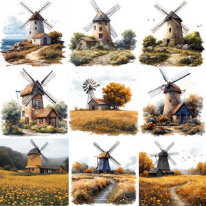 May include: Nine watercolor paintings of windmills in various settings. Each windmill is a different color and style, with some featuring a thatched roof and others with a wooden structure. The windmills are surrounded by lush greenery, fields of flowers, and stone pathways.