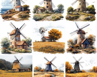 40 Vintage Windmill PNG Clip Art Bundle, Watercolor Countryside Windmill Image, Farm Windmill Illustration, Instant Download, Commercial Use