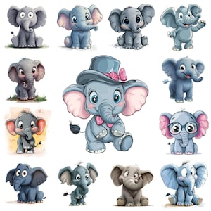70 adorabili elefanti clipart grande pacchetto, cartoni animati divertenti elefanti illustrazione PNG, creazione di biglietti di auguri di elefanti stravaganti, artigianato di carta, uso commerciale