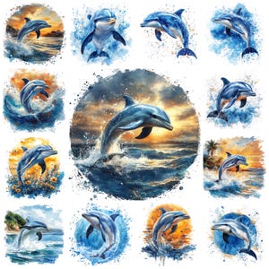 29 Bundle de cliparts PNG aquarelle dauphin, illustration de paysage nautique dauphin, clipart dauphin imprimable, fabrication de cartes, usage Commercial PNG
