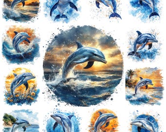 Watercolor Dolphin Clipart Bundle, Nautical Scenery (PNG)