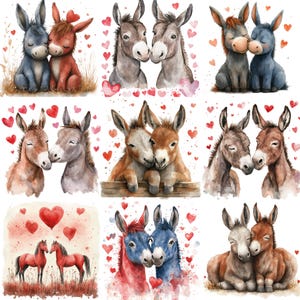 Saint Valentin âne PNG Clipart Bundle, aquarelle Saint Valentin âne animal fabrication de cartes créations en papier Images d'animaux, usage Commercial
