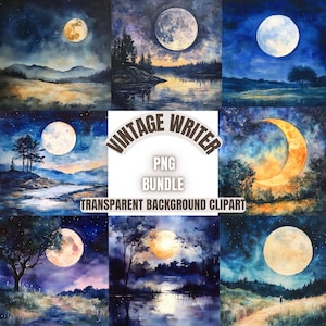 Lindo pacote de clipart PNG de paisagem de lua grande, ilustração de cenário de luar místico em aquarela, fabricação de cartões, artesanato em papel, uso comercial