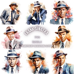 50 Frank Sinatra PNG Clipart Bundle, Watercolor Frank Sinatra Portrait Wall Art Illustration, Card Making, Paper Craft, Digital Download PNG