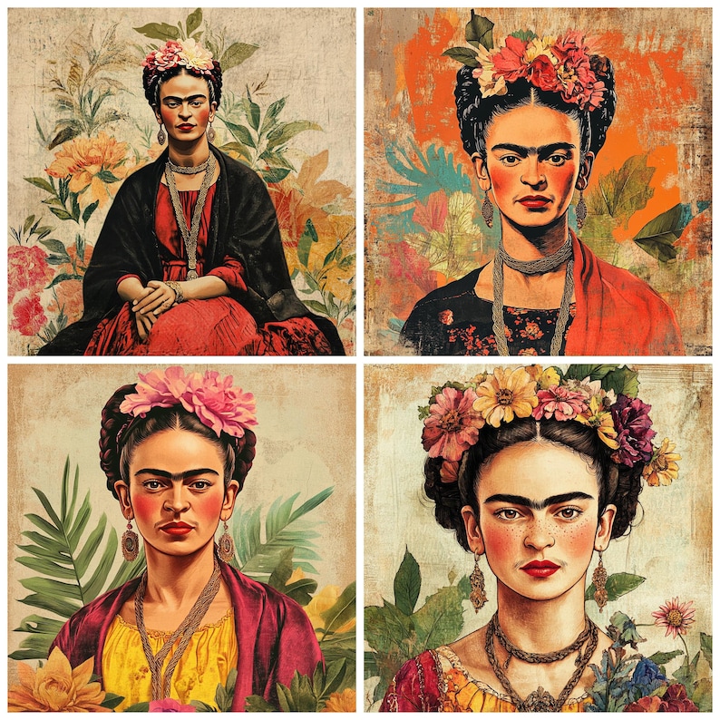 May include: A collage of four images featuring Frida Kahlo, a famous Mexican painter. Each image depicts Frida with a colorful floral crown and traditional Mexican clothing. The images are set against a background of vibrant flowers and foliage.
