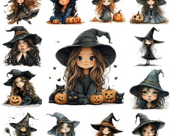 30 Quirky Halloween Witch PNG Clipart Set, Watercolor Whimsical Witch Sublimation, Spooky Witch Illustration, Trick-or-Treat, Commercial Use